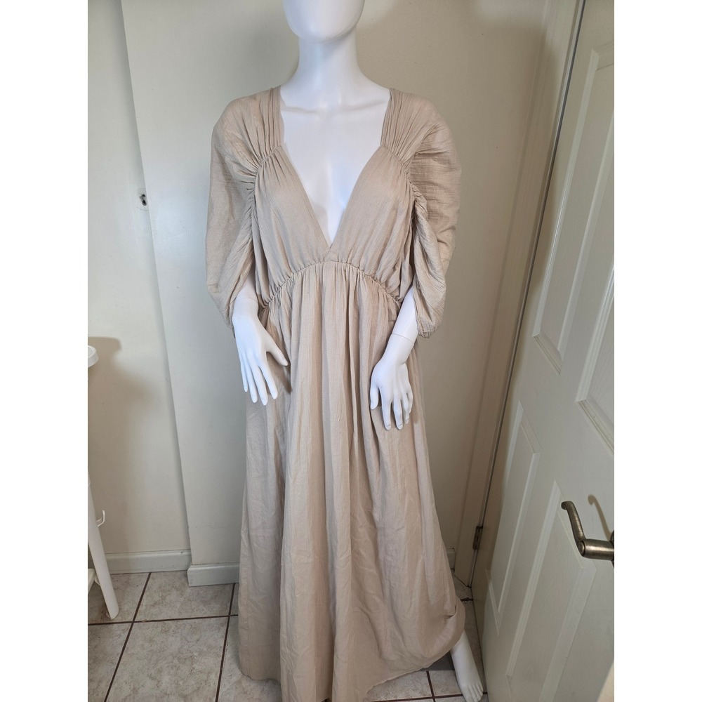 Mes Demoiselles Paris Cardita Beige Cotton Puff Sleeve Open Back Maxi Dress 42